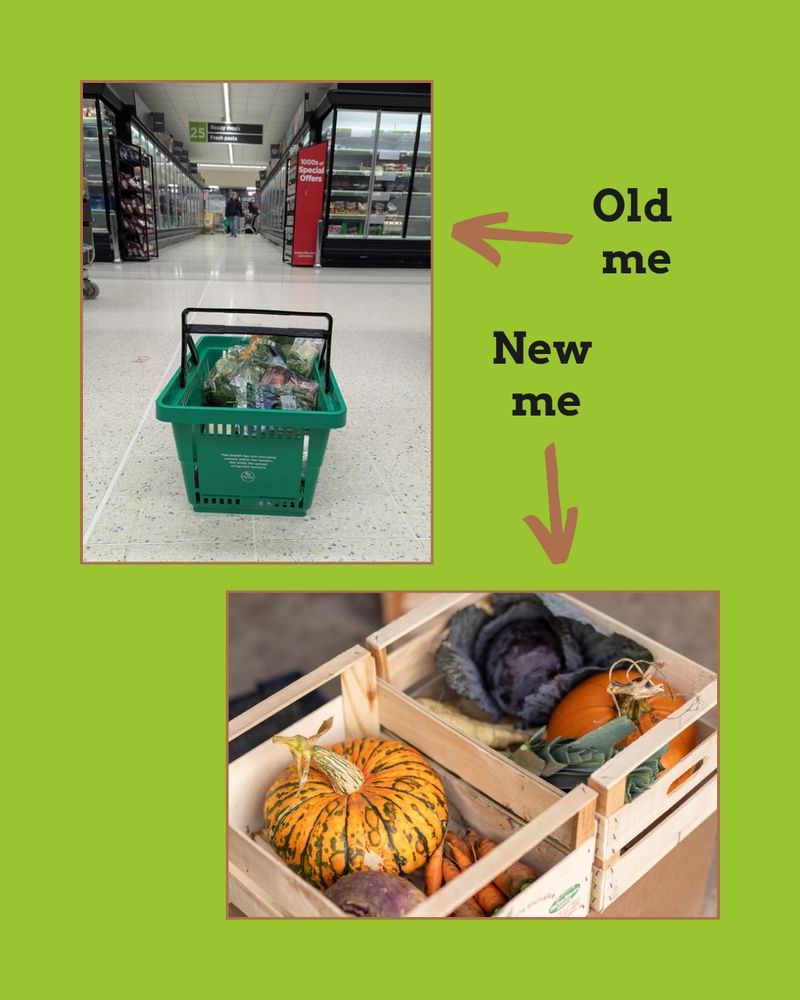Collage of a photo of a supermarket basket filled with vegetables in plastic bags and a photo of a vegetable box from a farm. The former has a label with an arrow pointing to it saying "Old me" and the latter has a label with an arrow pointing to it saying "New me"