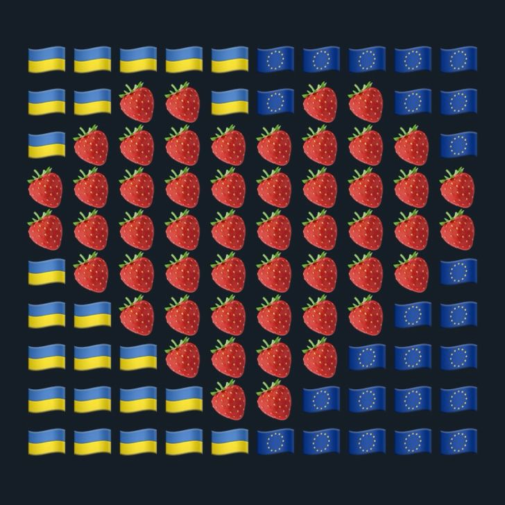 Quadratische Grafik aus Emojis bestehend aus Ukraine- & EU-Flaggen, sowie dem Symbol für die Erdbeere.

Diese sind so angeordnet, dass die Erdbeeren ein großes Herz in der Mitte bilden, die gelb-blauen Ukraine-Flaggen die linke Hälfte des Bildhintergrundes & die blauen EU-Flaggen mit dem gelben Sternkranz, die rechte Hälfte ausfüllen.