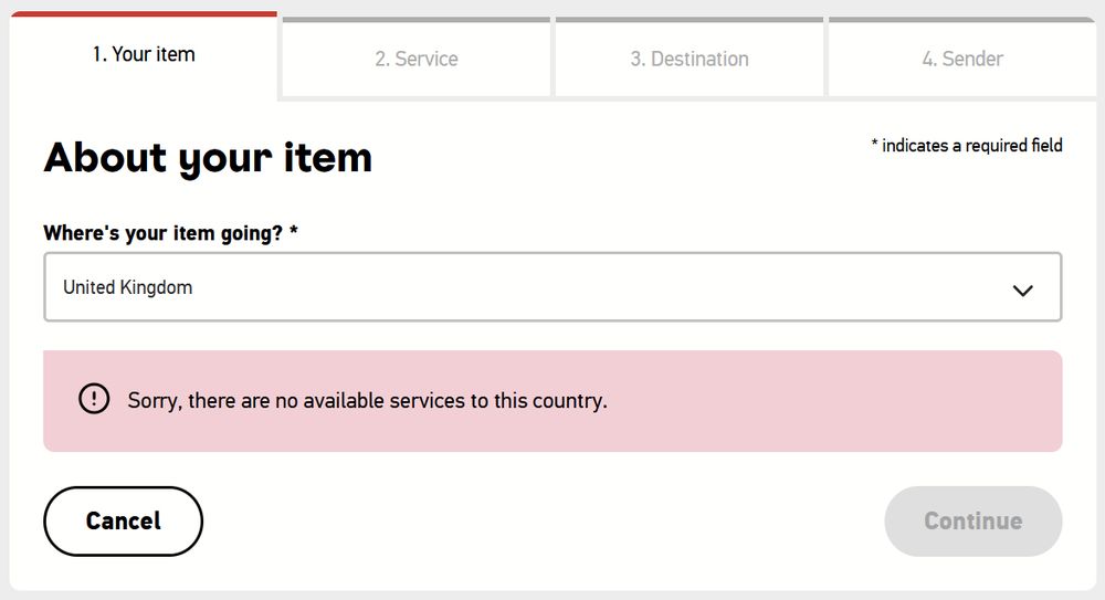 A screengrab from the Royal Mail online postage website saying 'Where's your item going? United Kingdom. Sorry, there are no available services to this country.'