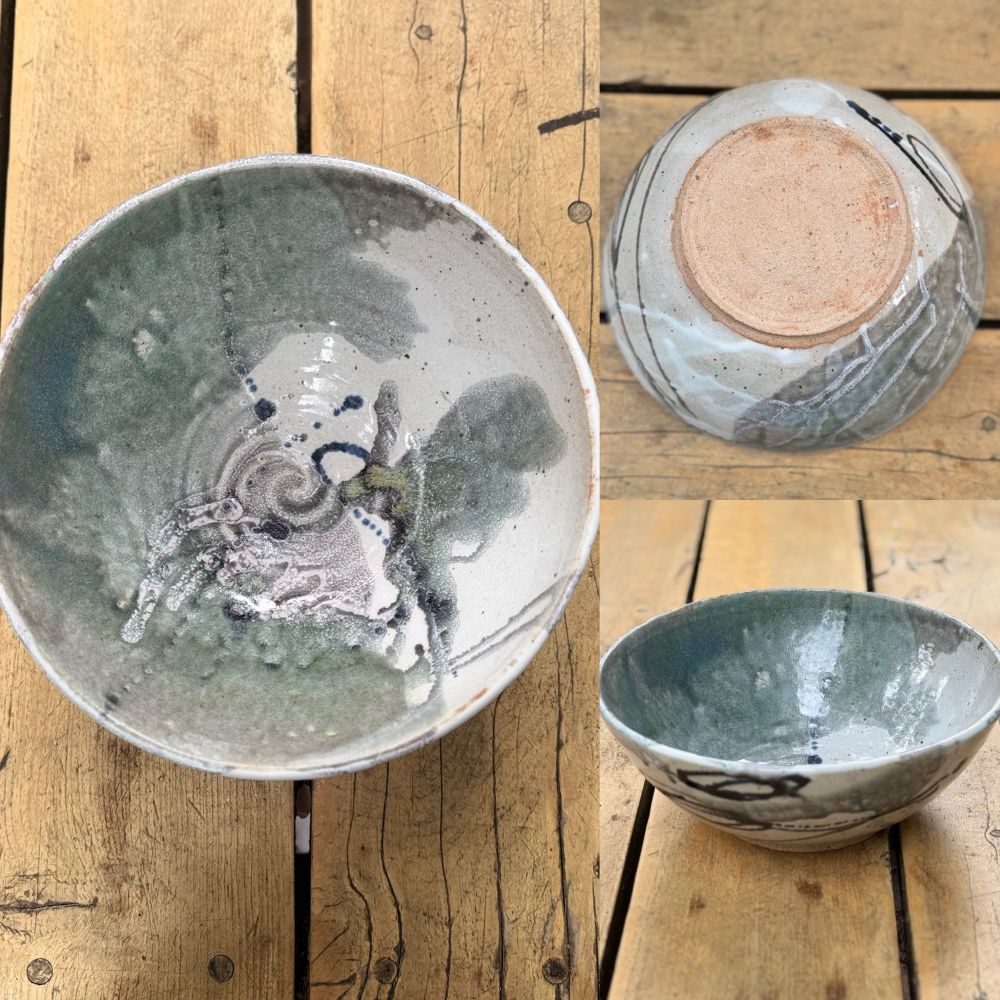 Three views of the same large bowl on a wooden table, colors range from white to icy gray to green to black