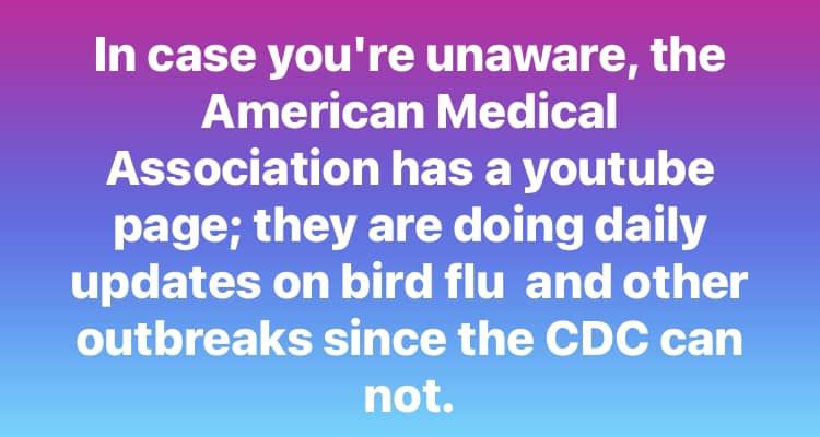 In case you're unaware, the American Medical Association has a youtube page; they are doing daily updates on bird flu and other outbreaks since the CDC cannot.