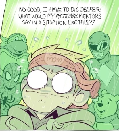 A pannel Ed from the webcomic Paranatural panicking thinking "No Good, I have to dig deeper! What would my fictional mentors say in a situation like this?" With various fictional characters in the background