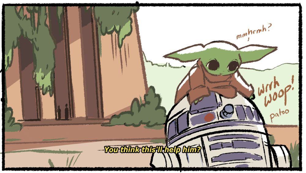 Grogu and R2 playing. In the background, Din says "You think this'll help him?"