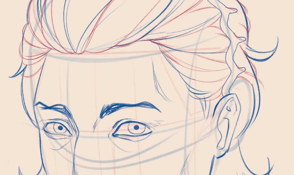 Screenshot of a work in progress. The picture shows a snippet of a man's face, eyes mischievous and hair held back in a zigzag hairband. There are multiple layers of sketches, faint lines showing the head construction, facial feature lines, and hair as it flows.