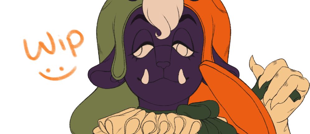 Work in progress snippet of Jester, a large purple goat puppet. He's smiling while he holds a pumpkin stem.