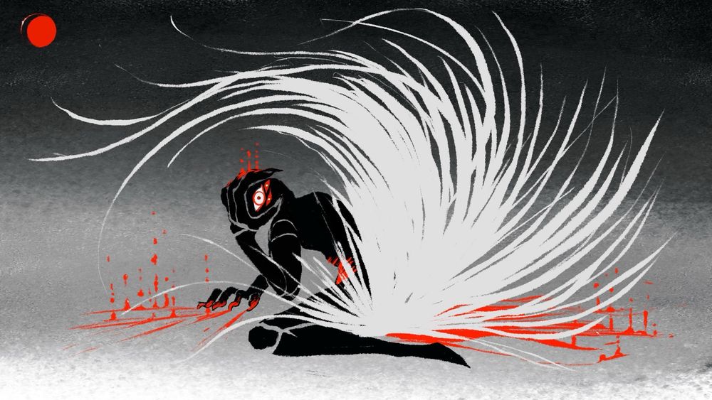 A creature with long claws rakes at the ground and it’s face in agony under a blood moon