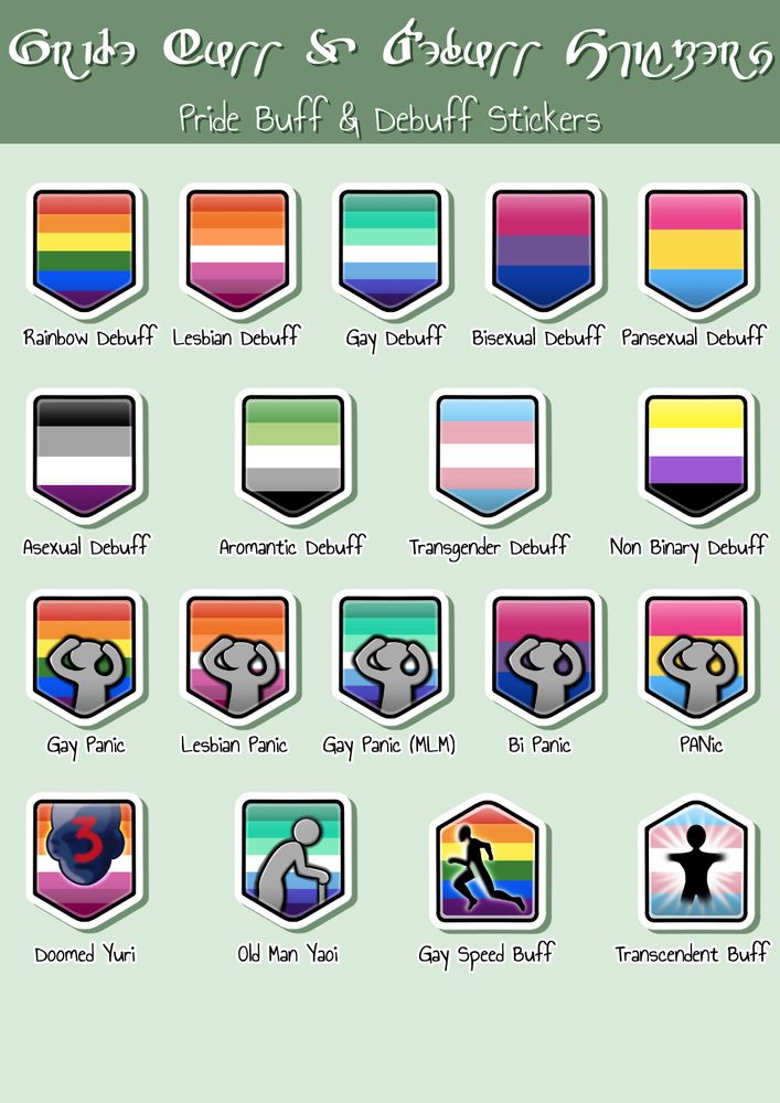 An image showing off various pride stickers in the style of FFXIV debuffs. The options are: Rainbow Debuff, Lesbian Debuff, Gay Debuff, Bisexual Debuff, Pansexual Debuff, Asexual Debuff, Aromantic Debuff, Tansgender Debuff, Non Binary Debuff, Gay Panic, Lesbian Panic, Gay Panic (MLM), Bi Panic, PANic, Doomed Yuri, Old Man Yaoi, Gay Speed Buff and Transcendent Buff