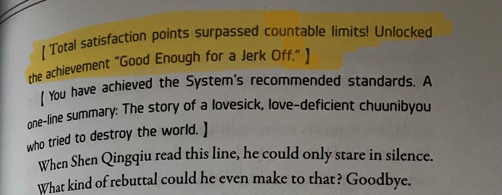 an excerpt from The Scum Villain's Saving System. It reads [Total satisfaction points surpassed countable limits! Unlocked the achievement "Good Enough for a Jerk Off."]