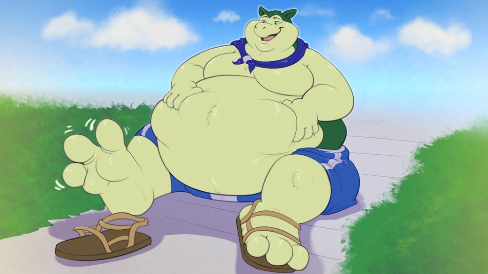 Nikolos the Typhlosion is sitting down, resting his paws as we makes his way to the pool or beach, as he is wearing swim trunks and sandals. His hands are squishing on his big tummy. He looks pleased wiggling his right foot's toes.