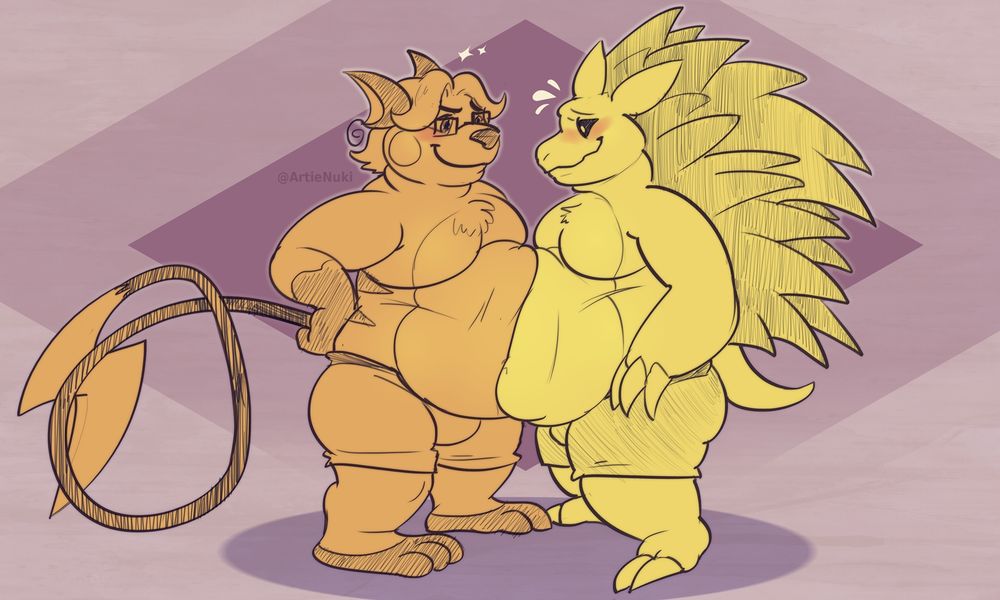 My raichu Benji and Jargon's Sandslash character, Topaz, pressing their chunky bellies together! Benji is giving a playful smirk and Topaz is blushing and quite flustered. 