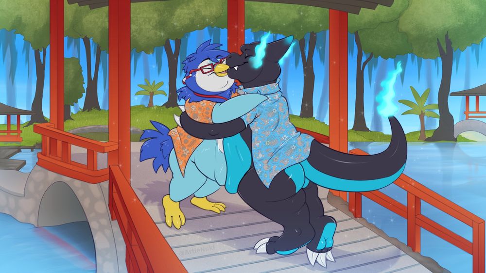 Benguin, the Piplup, and Tokomi, the Mega Charmeleon X, kissing, and holding eachother close that their bellies squish together. They are in the Liliuokalani Gardens in Hawai'i. This picture celebrates their wedding day, June 21st!