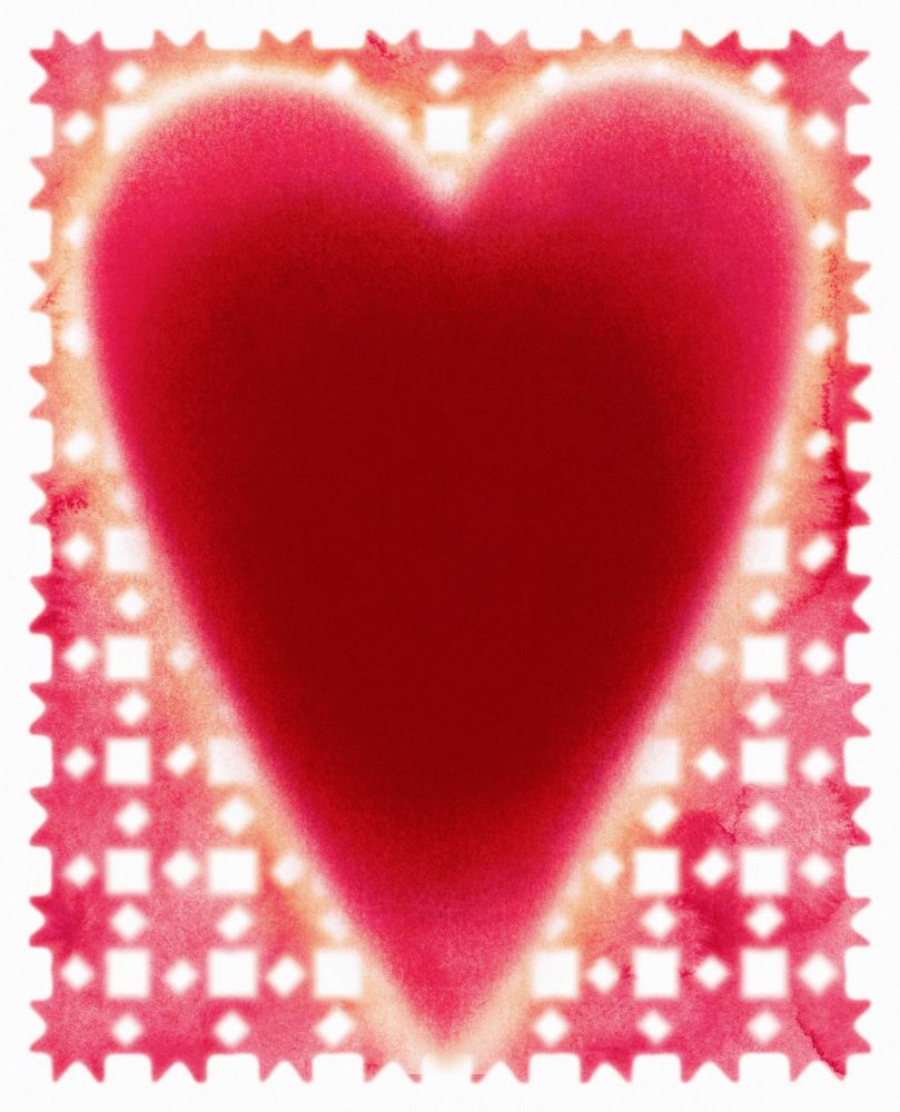 A textured vibrant red heart lain on top of a red star motif. 