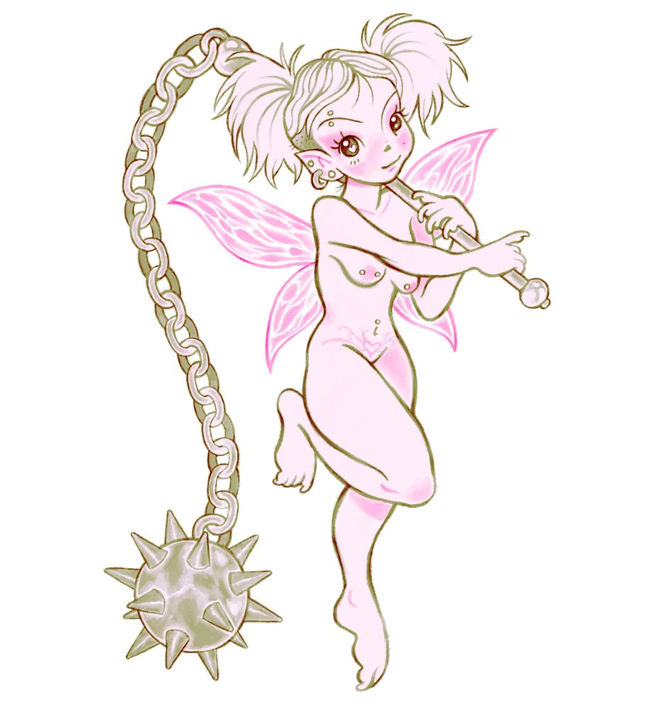 A digital drawing of a fairy on a white background. The fairy is pink with green linework, her wings and makeup are pink, she's holding a green medieval morning star. Her makeup is done in an alternative style, with piercings in her ear, eyebrow, belly button and nipples. 