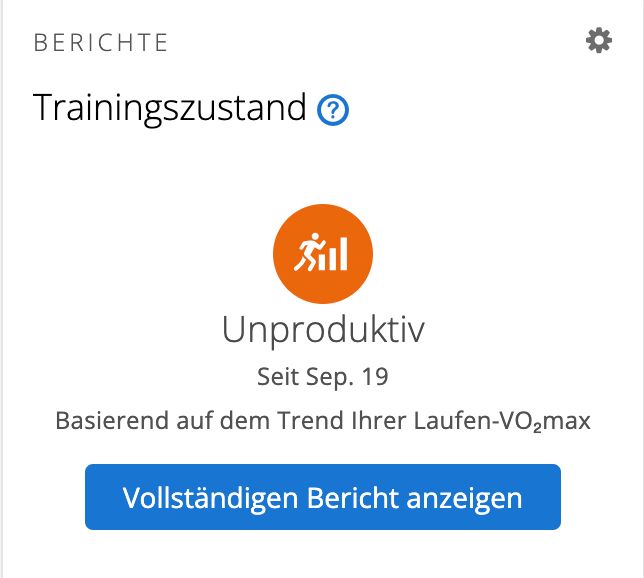 Screenshot aus Garmin Connect.
Trainingszustand: Unproduktiv 

Seit 19. September, basierend auf dem Trend ihrer Laufen VO2 Max