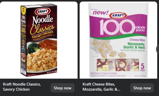Instacart ad for Kraft Noodle Classics Savory Chicken and Kraft 100 calorie pack mozzarella, garlic, and herb snack cheese.