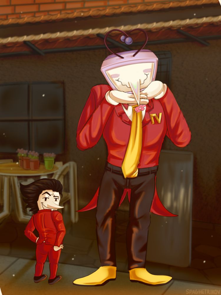 A full body, painted illustration of Big Shot era Spamton and Tenna from the video game Deltarune. Spamton poses confidently with his back to the camera, looking over his shoulder and grinning with both hands on his hips. Tenna leans to one side, perching his chin and nose under both his hands. A flower blooms at the end of his nose as he smiles and blushes, and his antennae form a heart shape. The background depicts a house patio in the shade, colors warm and sunny.