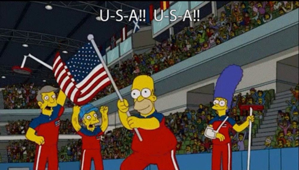 a cartoon of homer simpson holding an american flag with the caption u-s-a u-s-a