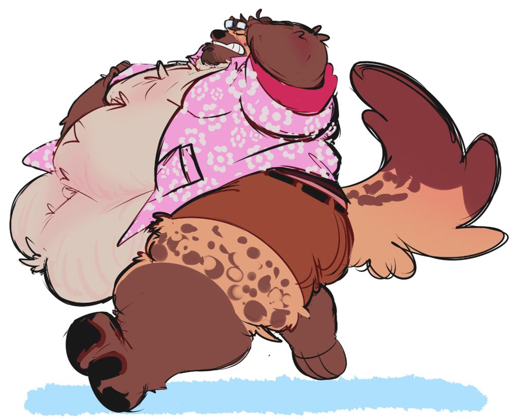 Zeb hyena wearing a pink floral shirt and a very big belly, running to somewhere