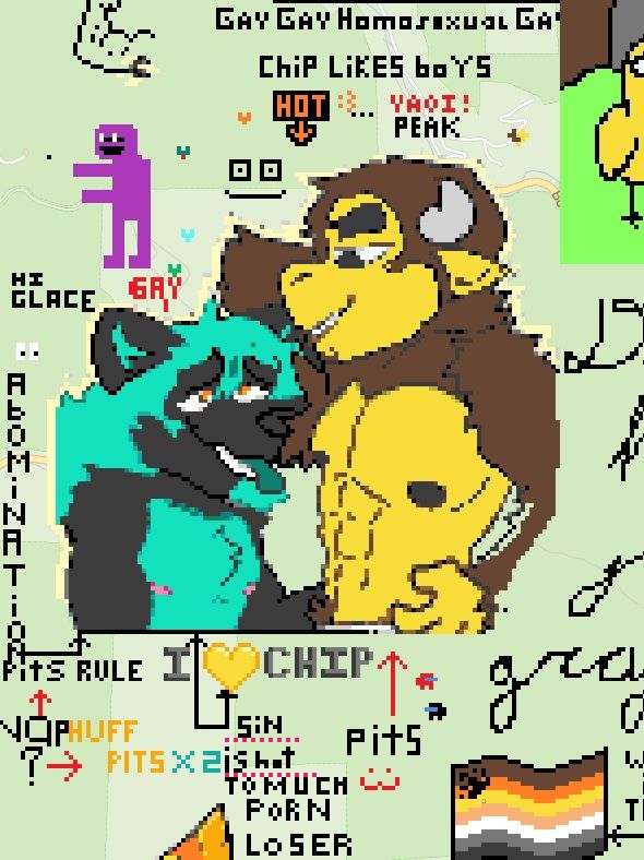 wplace screenshot of Chip the buffalo having his armpit huffed by some black and mint green anthro character I don't recognize, with a lot of commentary around it both pro and anti pit huffing 