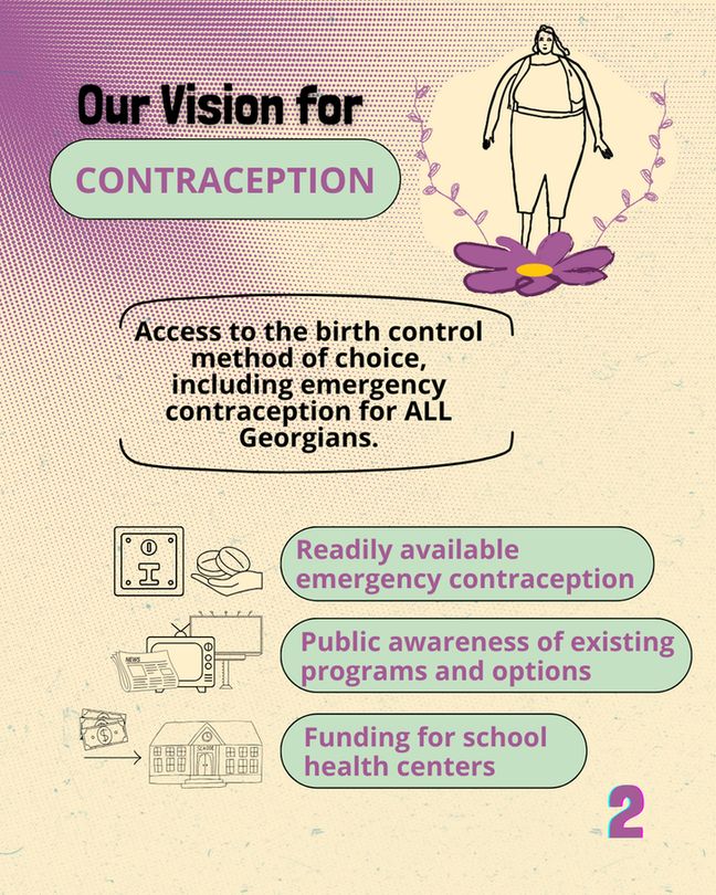 Bold header reads 'Our Vision for Contraception.'

Text below reads ' Access to the birth control method of choice, including emergency contraception for ALL Georgians.'

Below the texts are three green buttons with accompanying imagery that read 'Readily available emergency contraception', 'Public awareness of existing programs and options', and 'Funding for school health centers'