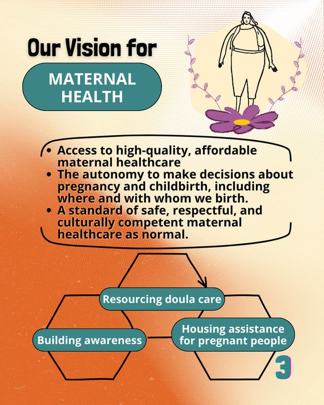 Bold header reads 'Our Vision for Maternal Health'

Text below reads 'Access to high-quality, affordable maternal healthcare 
The autonomy to make decisions about pregnancy and childbirth, including where and with whom we birth.
A standard of safe, respectful, and culturally competent maternal healthcare as normal.'

Three green buttons below are interconnected, reading 'Building Awareness', 'Resourcing Doula Care', and 'Housing assistance for pregnant people'