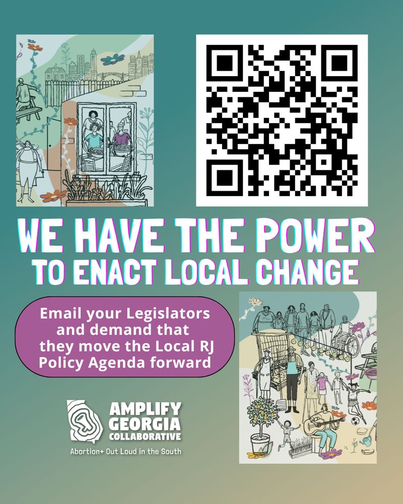 Bold header reads 'We have the power to enact local change.'

A purple button reads 'Email your Legislators and demand that they move the Local RJ Policy Agenda forward'

A QR code linking to 'tinyurl.com/RJisLocal ' rests above the text.
