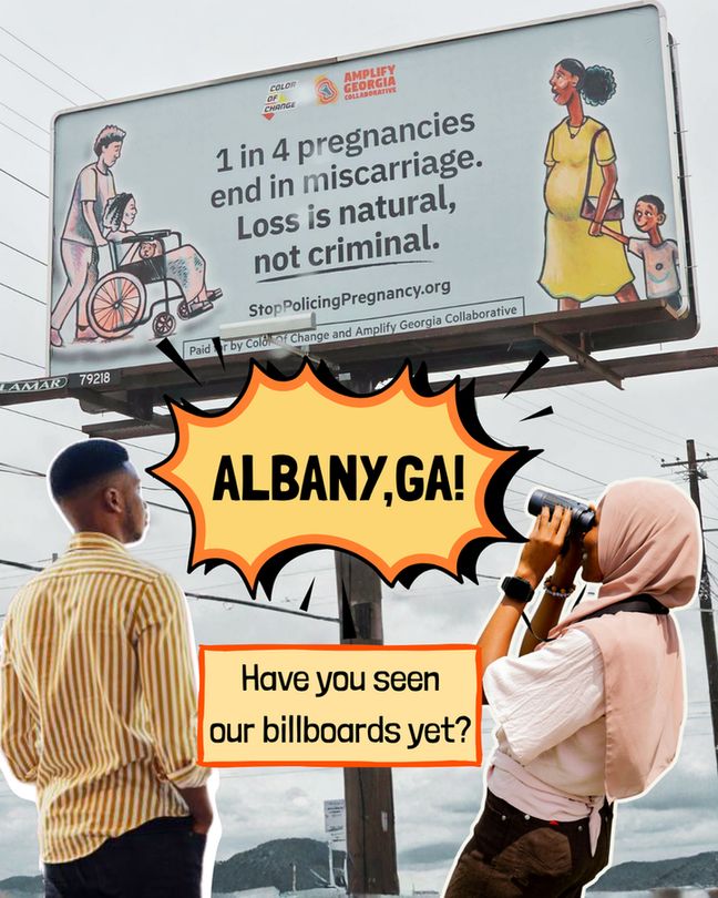 A picture of a billboard in Albany,GA that states "1-in-4 pregnancies end in miscarriage. Loss is natural, not criminal. StopPolicingPregnanyc.org"

Two blurbs state "Hey Albany, GA! Have you seen our billboards yet?"