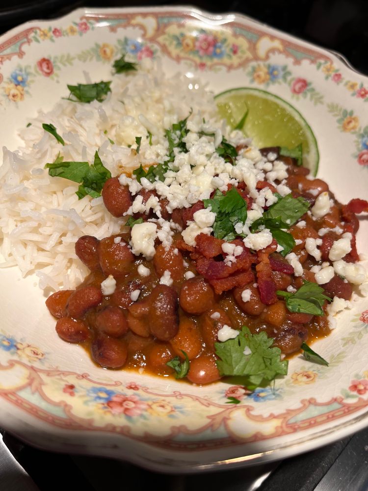 A close up of a plate with flowered borders. Sitting on the plate is a serving of rice and beans in a reddish-brown sauce, all topped with a sprinkling of cheese and cilantro.