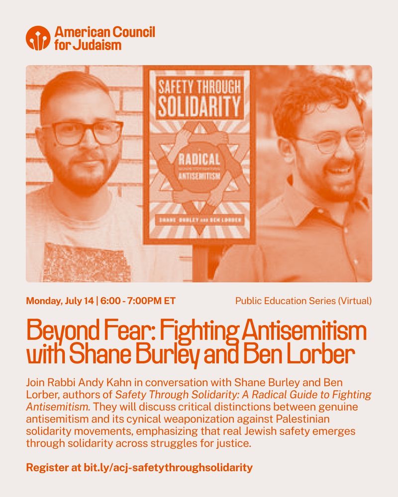 A promo image about the event, giving basic context for the talk and the title "Beyond Fear: Fighting Antisemitism with Shane Burley and Ben Lorber"