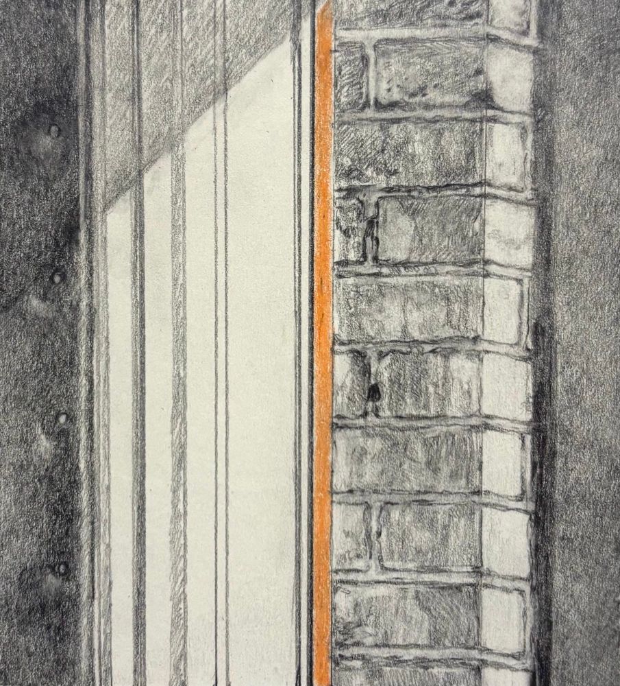 Pencil drawing of a brick wall and the side of a door. A thin strip of moulding is coloured in with yellow coloured pencils. 