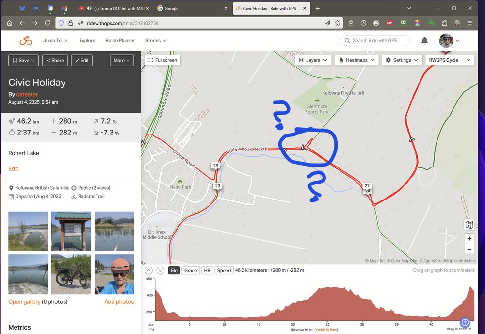 Screenshot of a RideWithGPS record of a bike ride showing the track looping back on itself. The loop has a blue circle and two blue question marks. 
