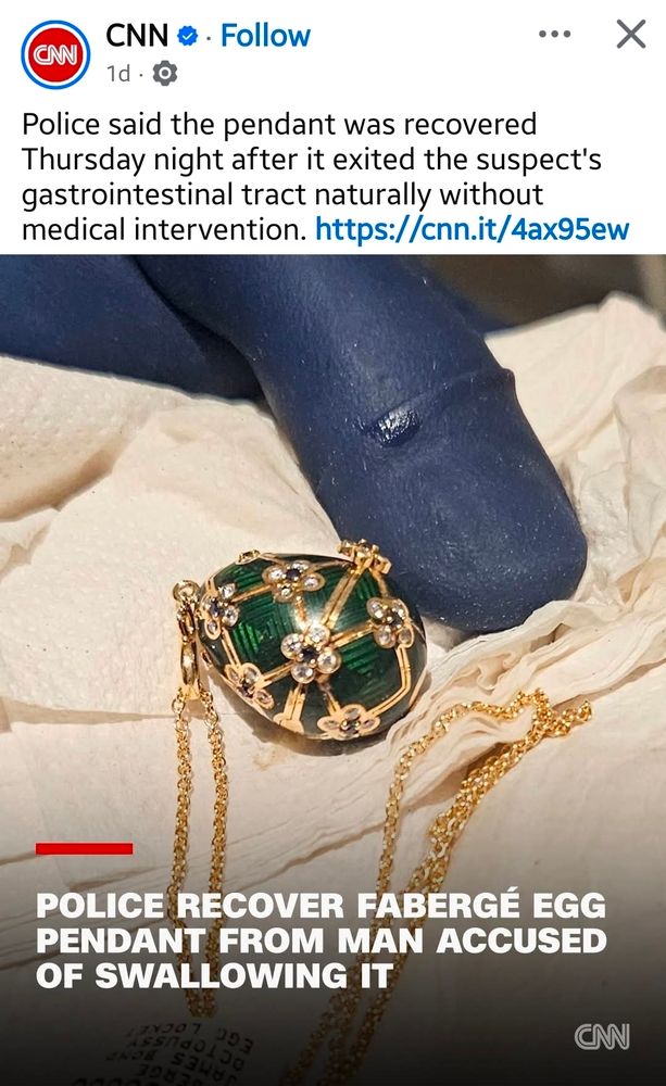 Police said the pendant was recovered Thursday night after it exited the suspect's gastrointestinal tract naturally without medical intervention