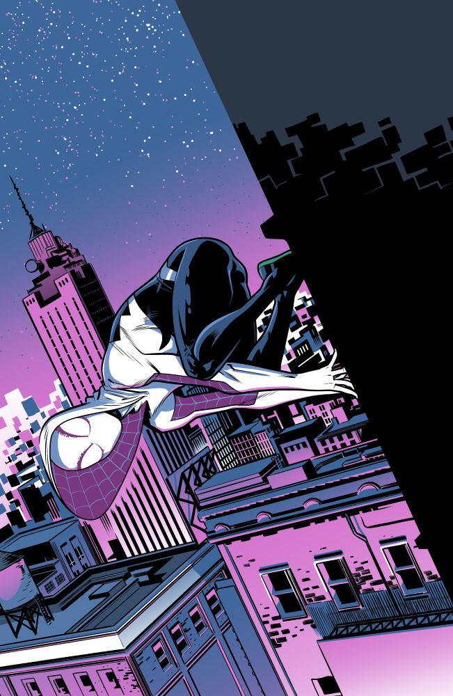 Spider-gwen stuck to the side of a building