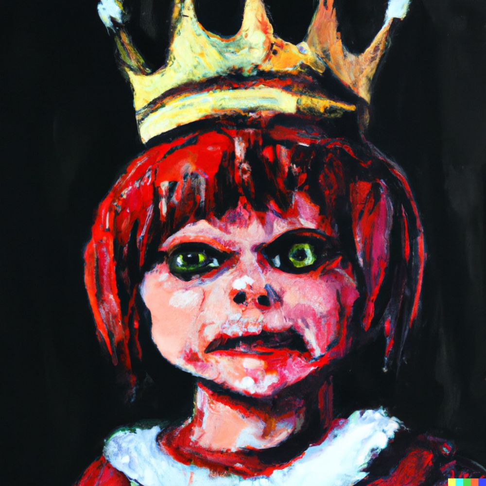 A Dall-e generated image of the horror character Chucky wearing a crown. 