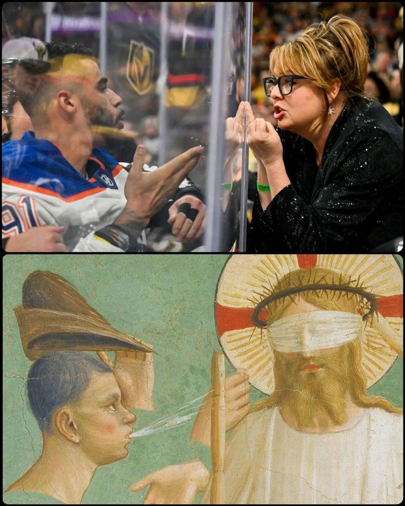 A diptych of images. Top image is a photograph of a Las Vegas Golden Knights fan flipping off Oilers player Evander Kane. Below that, is a detail of the painting The Mocking of Christ by Fra Angelico.