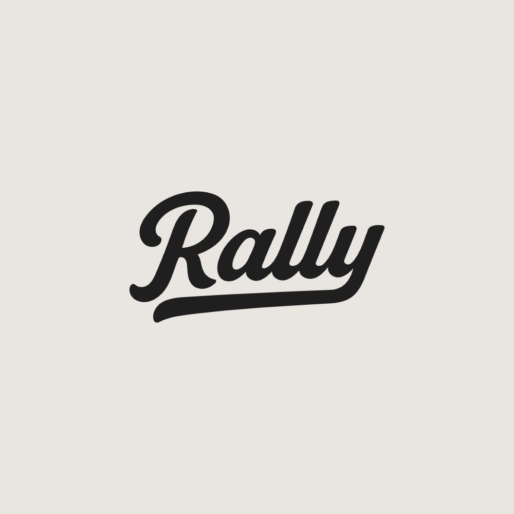 Charcoal custom script wordmark reading “Rally” with a swooping underline, set against an off-white background.