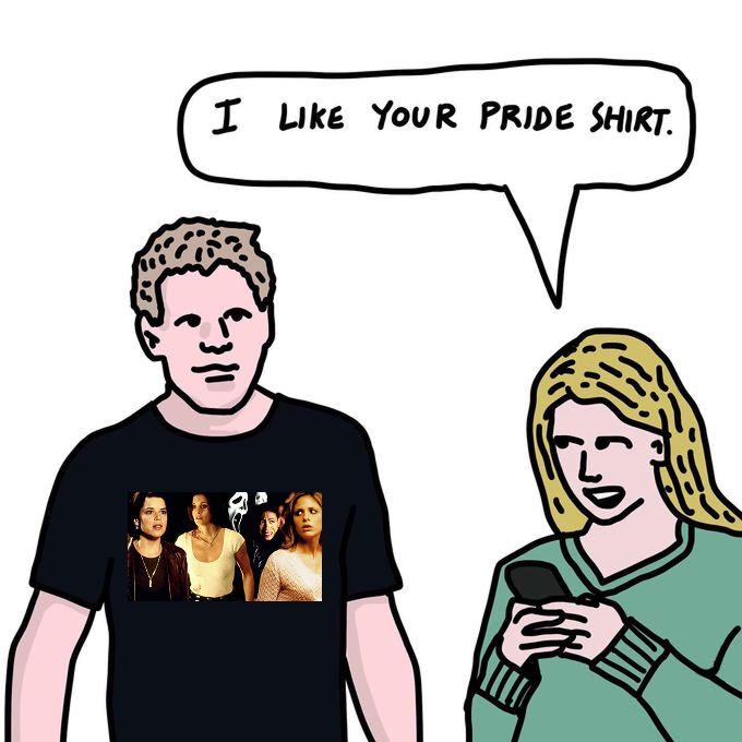 Cartoon meme of guy wearing a t-shirt with "Scream 2" characters -- Sidney, Gale, Ghostface, Maureen, and Cici -- and a girl on a cell phone looking at him and saying "I like your Pride shirt."