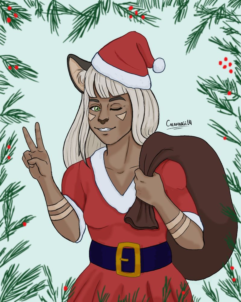 Older drawing of Ochette from Octopath Traveler 2 in christmas attire. She is wearing a red dress with white trim and a christmas hat over one of her ears. She is carrying a brown sack over her shoulder and doing a "peace" gesture with her other hand. She is smiling and winking at the viewer. The background is light blue with pine leaves and red dots framing the picture