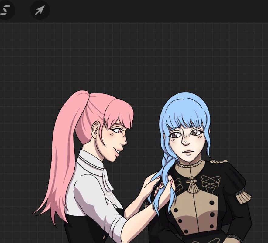 An unfinished drawing of Hilda and Marianne from Fire Emblem Three Houses. Hilda is braiding Marianne's hair.