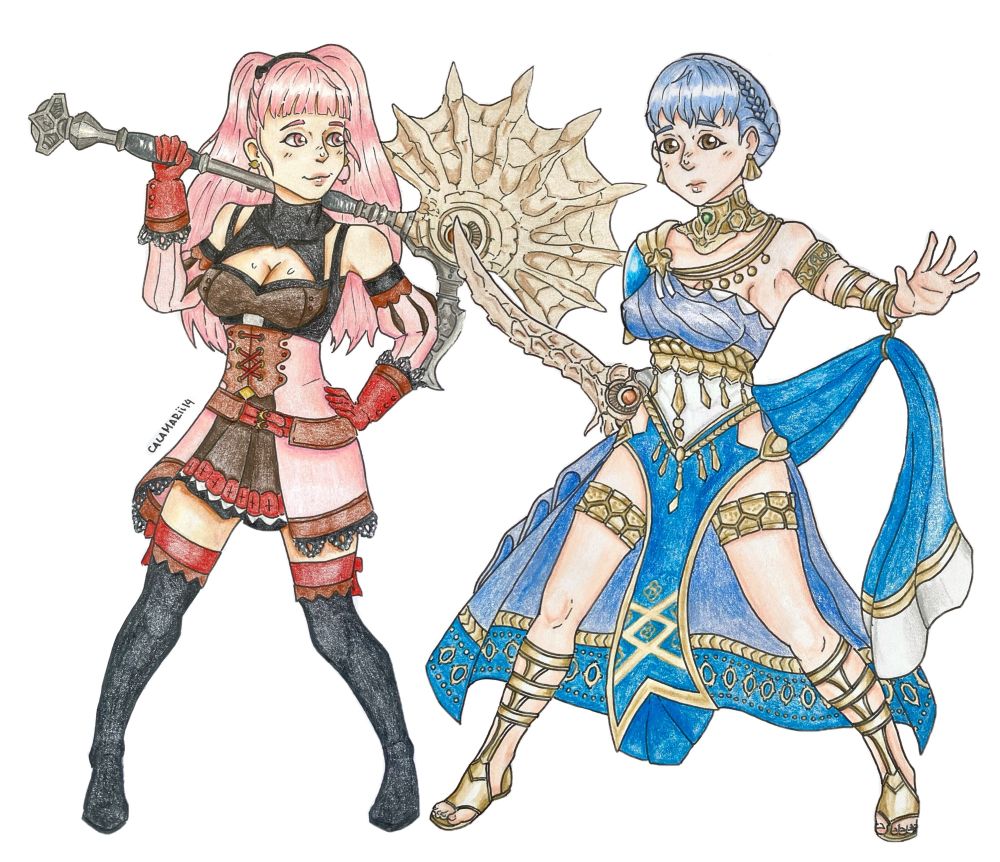 A drawing of Hilda Goneril and Marianne Von Edmund from Fire Emblem Three Houses, both wielding their respective Heroes' Relics (special weapons) 
Hilda is in her post-timeskip outfit while Marianne is wearing a modified dancer outfit as seen on Fire Emblem Heroes
