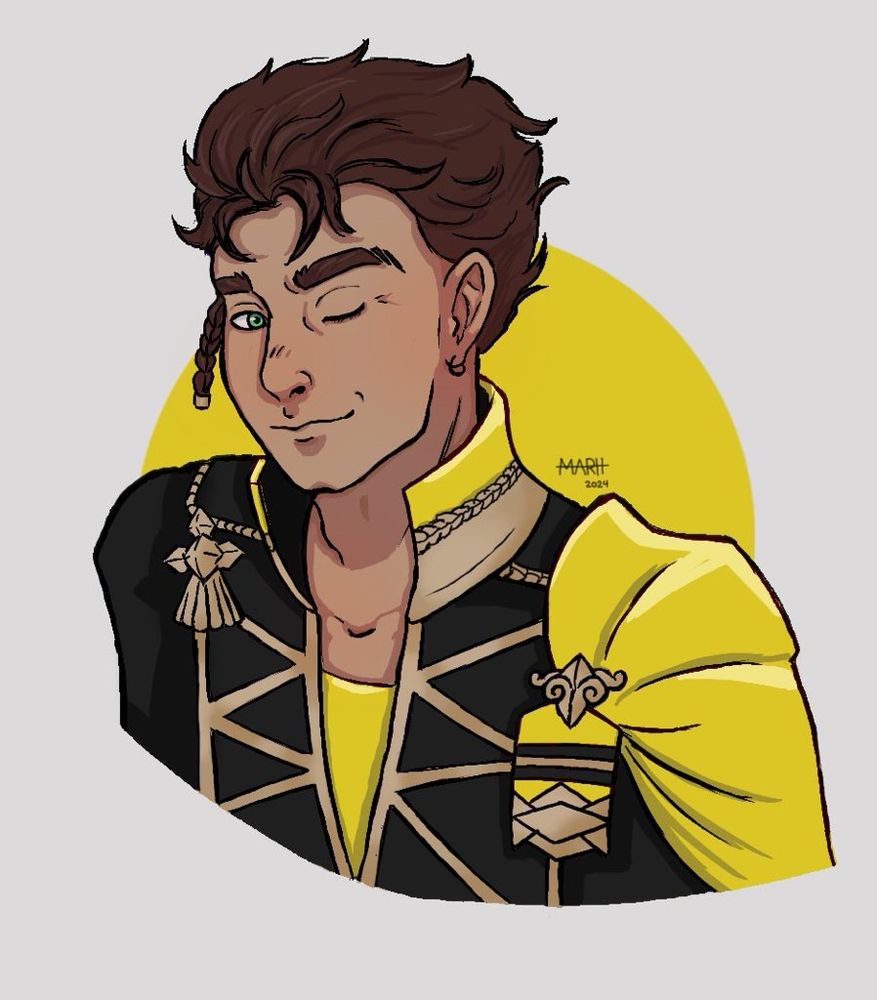 A drawing of claude from fire emblem three houses in his academy attire. He is winking at the viewer, with a smile on his face. This version is from 2024