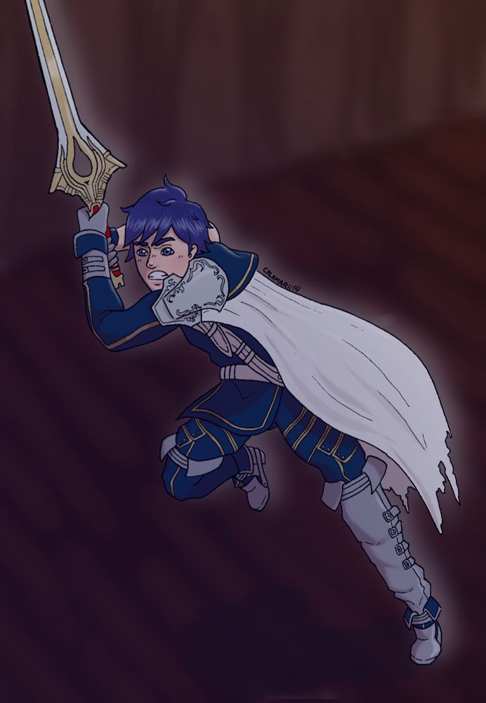 A drawing of Chrom from Fire Emblem Awakening, lunging forward, sword in hand, with an angry expression. The background is blurred but depicts a dark room. There is a faint glow around Chrom