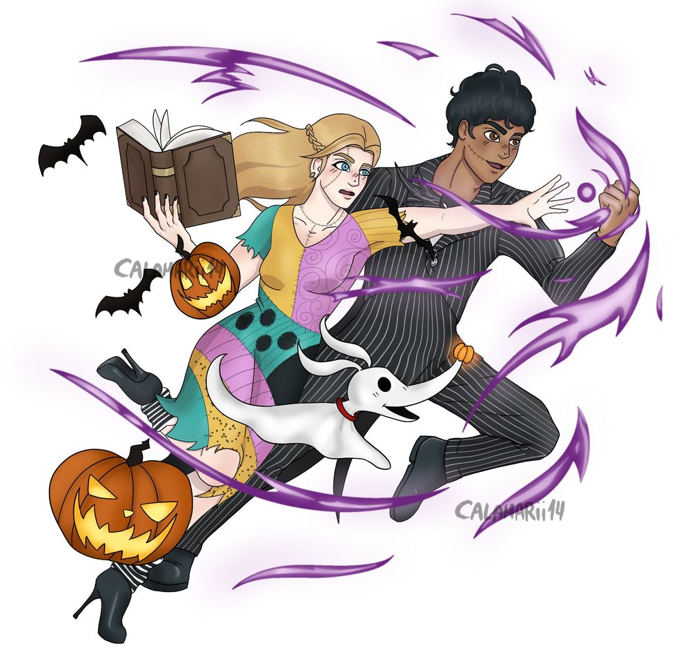 The same pose as the previous image, but with added visual effects to represent magic and other visual elements such as pumpkins and Zero the ghost dog
