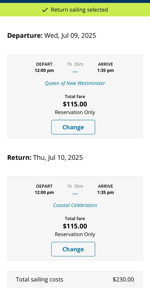 Canada 🇨🇦 BC Ferries page with fares to leave Vancouver Island Victoria BC to Vancouver BC and return to Victoria BC  next day, $115 one way reservation only fare.  Total fare $230 