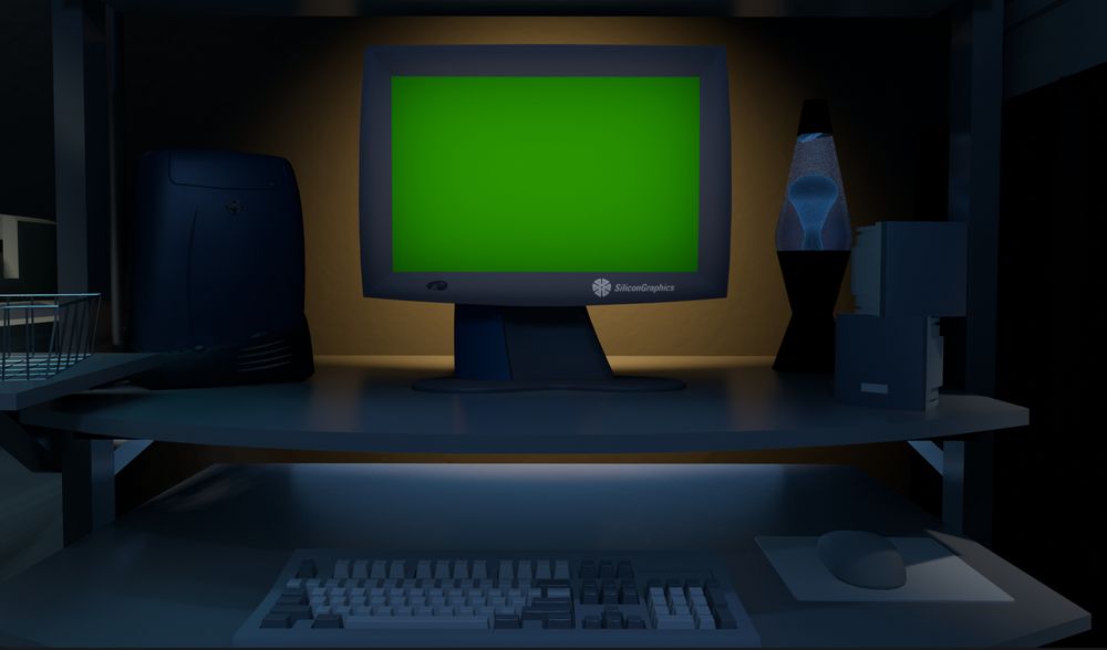 A 3D render of a closeup of a desk with an SGI O2 workstation, an SGI 1600SW monitor, a lava lamp, and two stacked small unbranded speakers. A mostly untextured keyboard and mouse can be seen below the middle shelf.