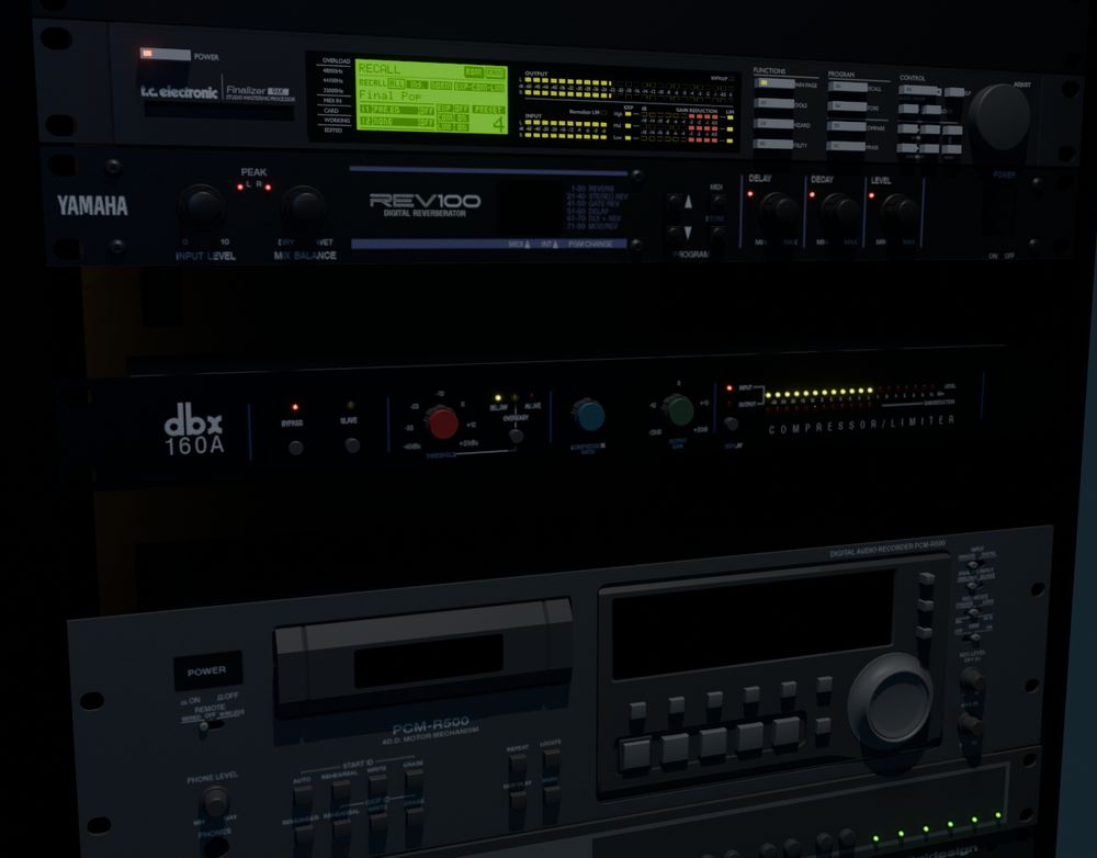 A 3D render of various rackmount audiovisual equipment. Pictured are a fully modelled TC-Electronic Finalizer, Yamaha REV100, dbx 160A, and a Sony PCM-R500 (lacking Sony logo).