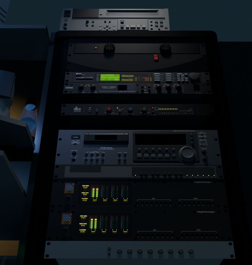 A 3D render of various rackmount audiovisual equipment. Pictured are the Sony SVP-5600, TC-Electronic Finalizer, Yamaha REV100, dbx 160A, Sony PCM-R500 (lacking Sony logo), two Digidesign MH068 888/24 units, and an untextured Sansamp RM-1. 