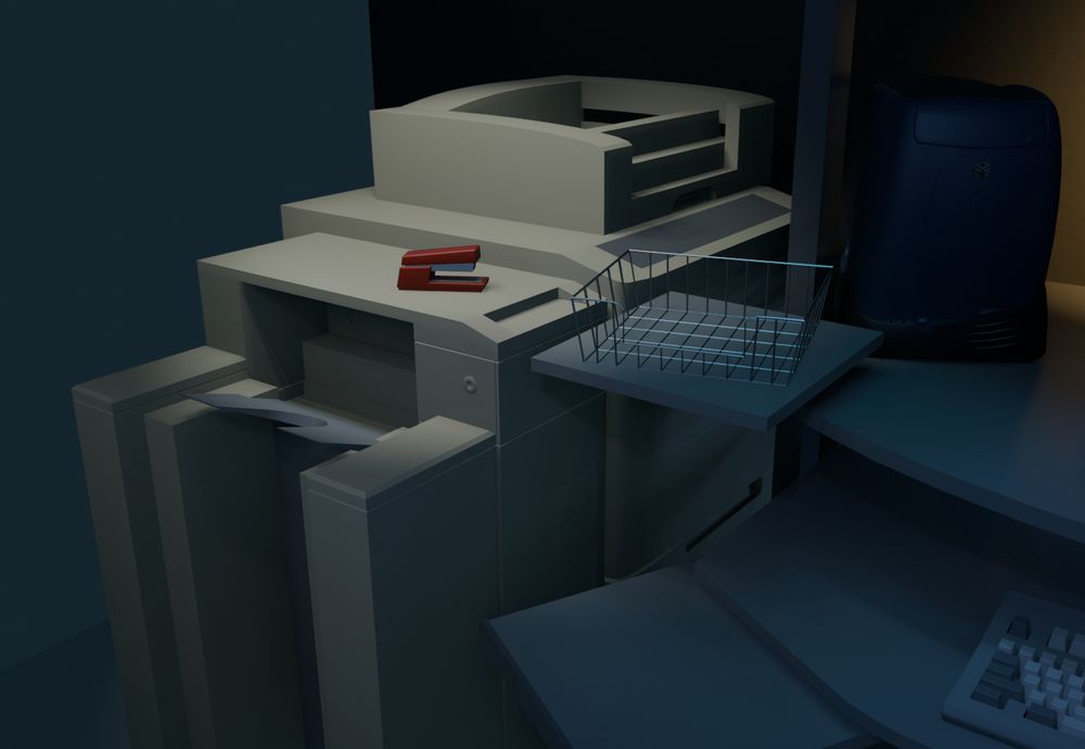 A 3D render of an untextured (and mostly unknown) fax machine, with a stapler on-top. Part of a desk is visible, and an SGI O2 workstation.