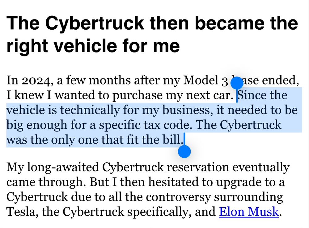 Screenshot of article describing that the author chose a cyber truck because it was technically a business vehicle and needed to be big enough for a specific tax code.