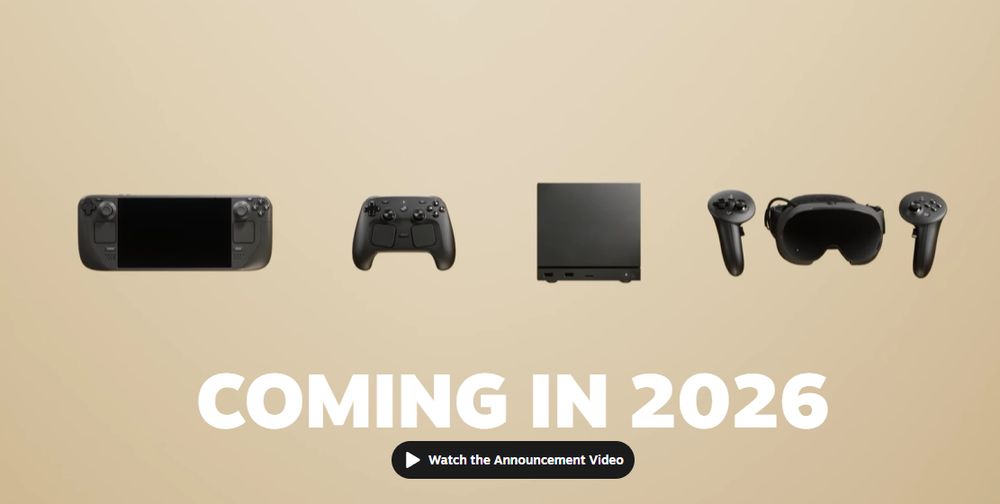 Steam's newest consoles that are scheduled to release in 2026, from left to right (Steam Deck, Steam Controller, Steam Machine and Steam Frame)  